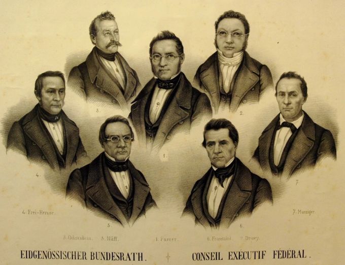Der Bundesrat von 1848, mit Ulrich Ochsenbein, Jonas Furrer, Daniel-Henri Druey (hinten v.l.n.r), Friedrich Frei-Herose, Wilhelm Matthias Naeff, Stefano Franscini und Martin Münzinger (vorne v.l.n.r.). Bundesrat 1848