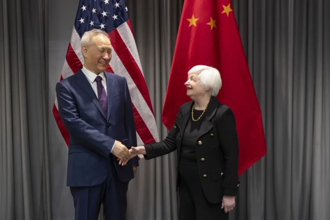 US-Finanzministerin Janet Yellen bei bilateralen Gesprächen mit Chinas Vizepremier Liu He im Januar 2023 in Zürich. USa