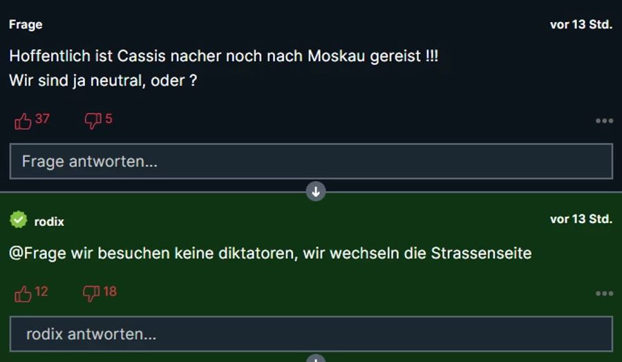 Einige Leser wollen unter dem Artikel die Diskussion um die Neutralität der Schweiz im Ukraine-Krieg wieder öffnen. Die Antwort folgt prompt: