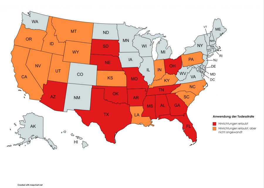 Allerdings wird sie nicht überall angewendet. In den orangen Staaten wurde seit zehn Jahren niemand mehr exekutiert. In drei Staaten (Oregon, Pennsylvania, Kalifornien) wurde die Todesstrafe