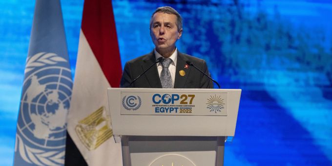 Bundespräsident Ingazio Cassis spricht bei der Eröffnung der Uno-Klimakonferenz in Ägypten. cassis uno klimakonferenz