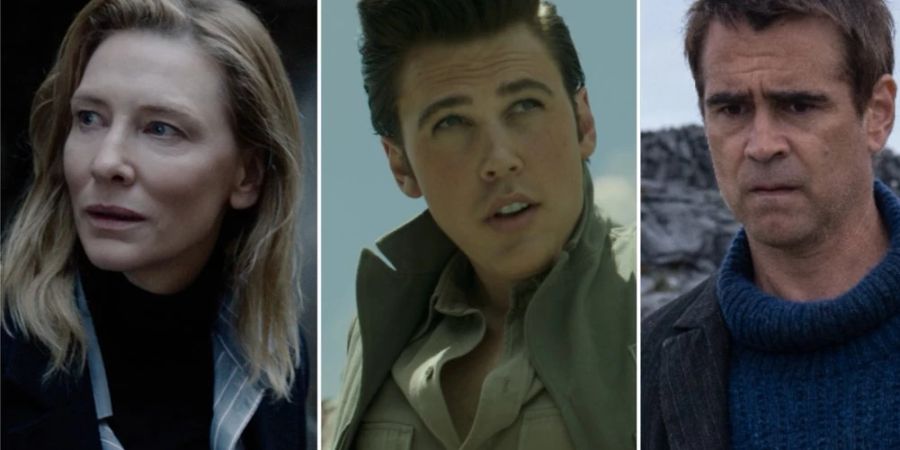 Cate Blanchett in «Tár», Austin Butler in «Elvis» und Colin Farrell in «The Banshees of Inisherin» (v.l.n.r.).