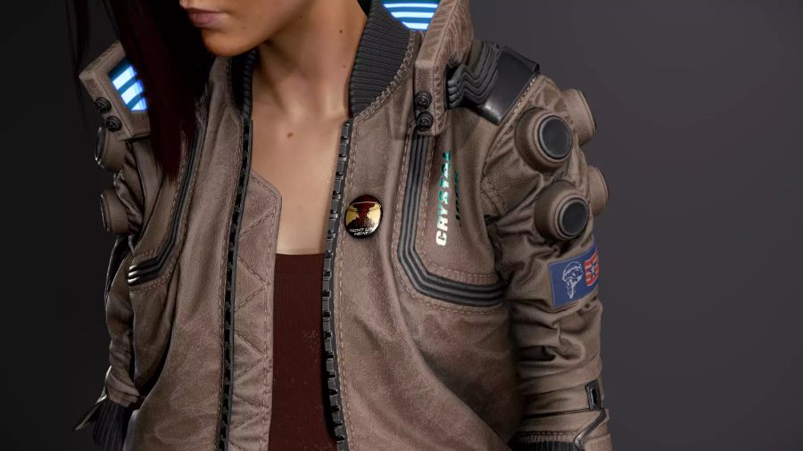 Ein Button und andere Details zieren die Jacke von V aus Cyberpunk 2077.