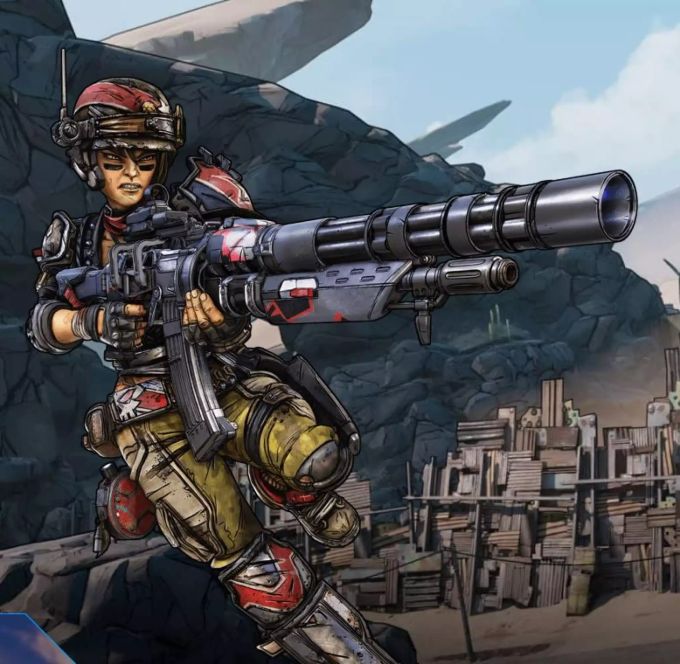 Künstlerische Darstellung von Moze. Moze Waffe Borderlands 3