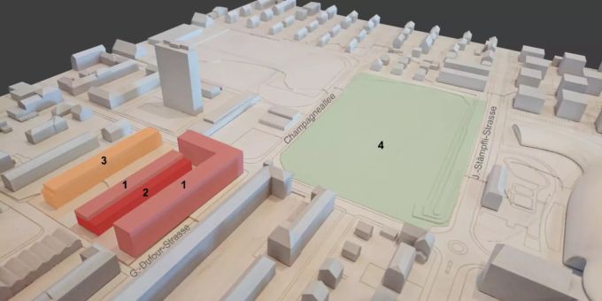 Überbauung für gemeinnützige Wohnungen (1) sowie die Werkstätten der Stiftung Zentrum SIV (2); Überbauung der Burgergemeinde Bözingen (3); Bereich des ehemaligen Stadions (4). Visualisierung
