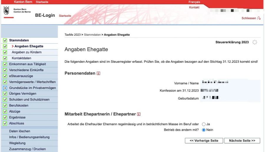 Die Seite 2 ist dann dem «Ehegatten» vorbehalten, wo sich die Frau eintragen kann.