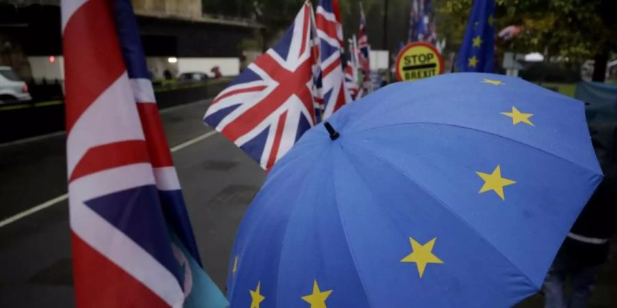 Ein Demonstrant zeigt seine Ablehnung gegen den Brexit vor dem britischen Parlament mit einem EU-Regenschirm. Foto: Matt Dunham/AP/dpa