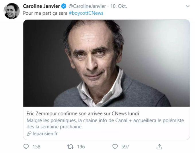 Nach der Einstellung von Éric Zemmour gaben weibliche LREM-Abgeordnete bekannt, den Sender CNews zu boykottieren. éric zemmour