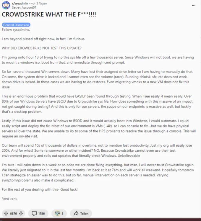 Auf Reddit verfasst ein Informatiker eine lange Wutrede – und erntet dafür einen Haufen Zuspruch. Crowdstrike