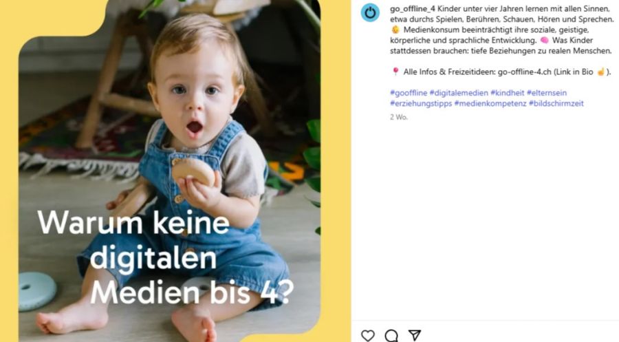 Die Kampagne setzt sich zudem allgemein dafür ein, dass Kinder unter vier Jahren keine digitalen Medien konsumieren.