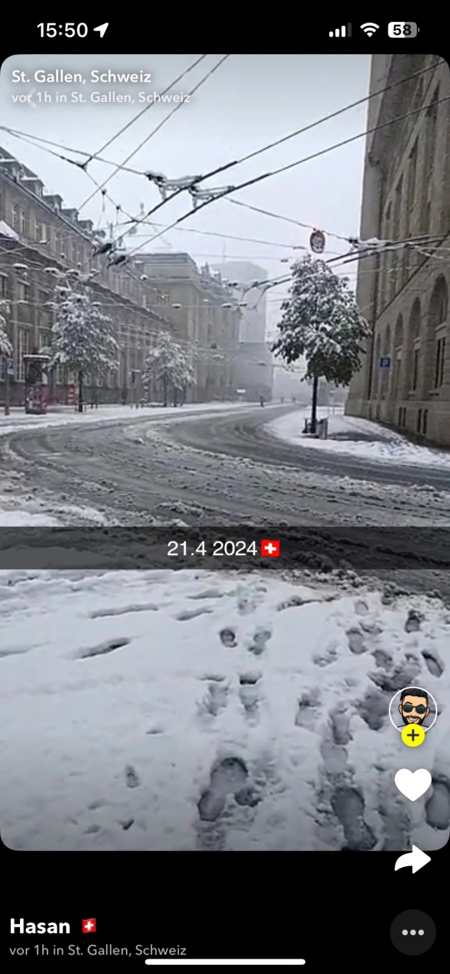 Einige Snapchat-User aus St. Gallen posteten am Sonntag Fotos vom Schneefall.