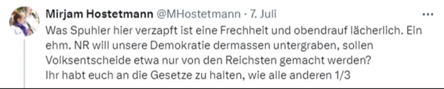 Auf Social Media reagiert Juso-Präsidentin Mirjam Hostetmann auf die Wegzug-Drohung von Peter Spuhler.