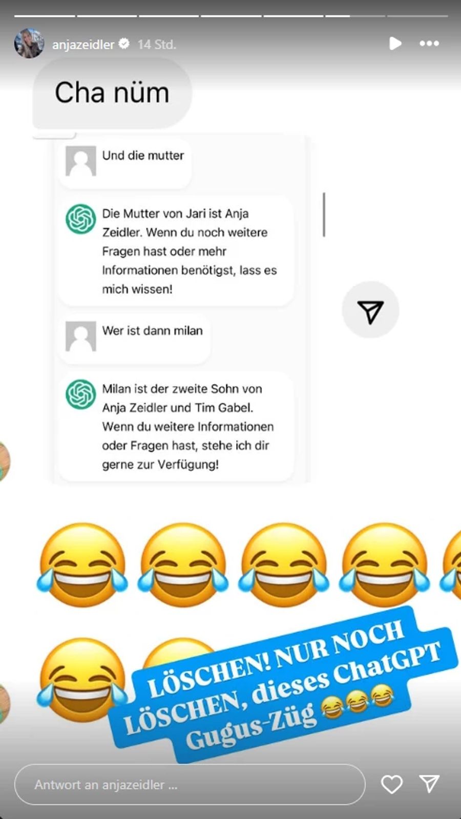 Die Influencerin findet das offenbar sehr amüsant.