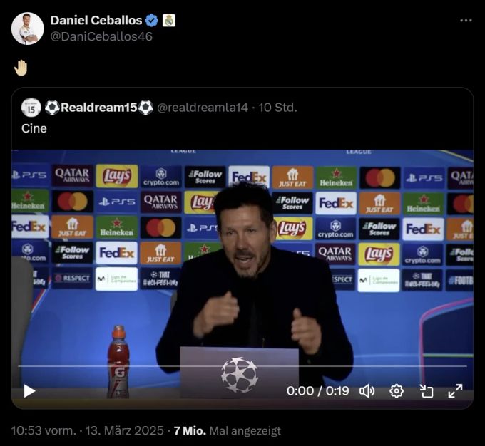 Real-Spieler Dani Ceballos meldet sich auf X zu Diego Simeones PK. Champions League