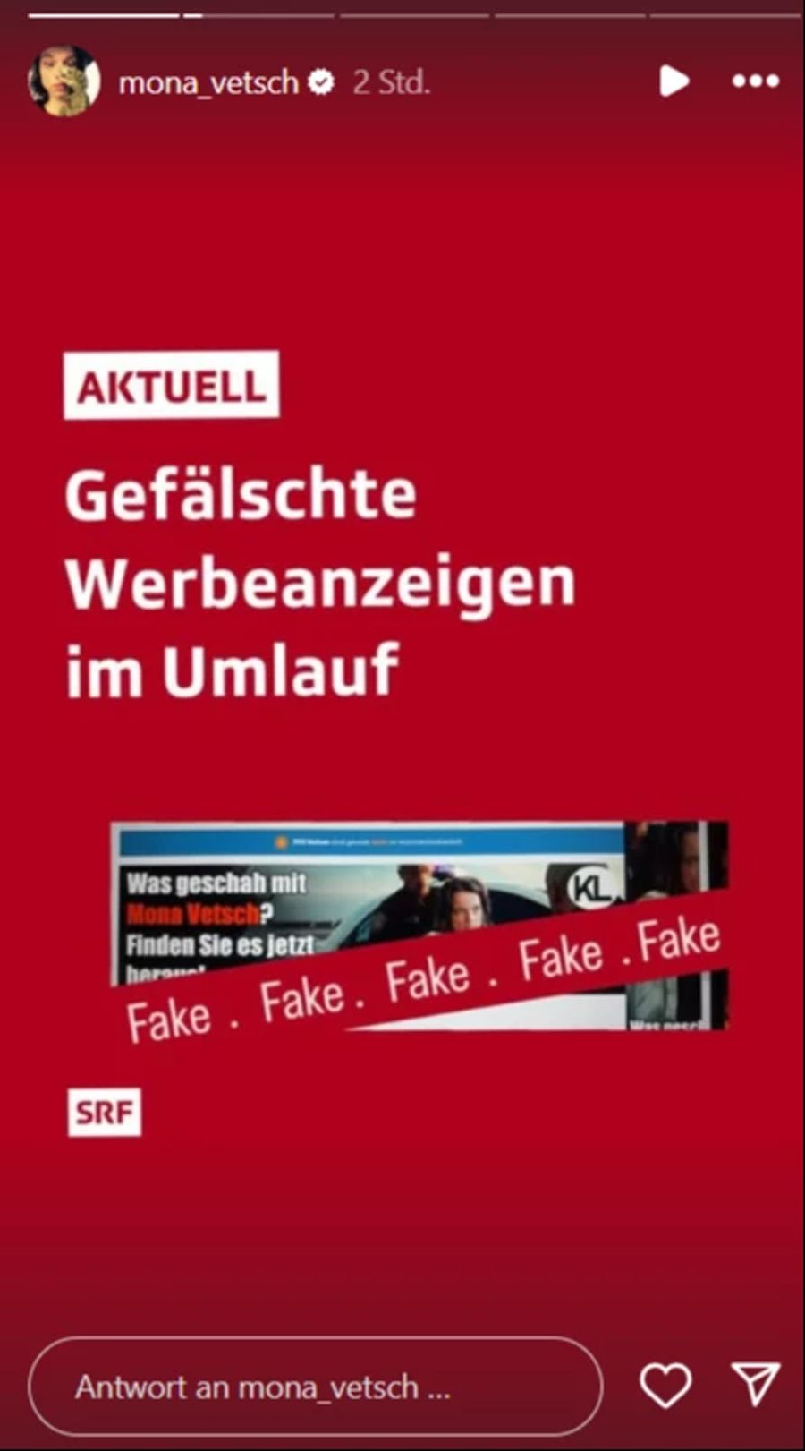 Zurzeit sind Fake-Werbeanzeigen mit Mona Vetsch im Umlauf.