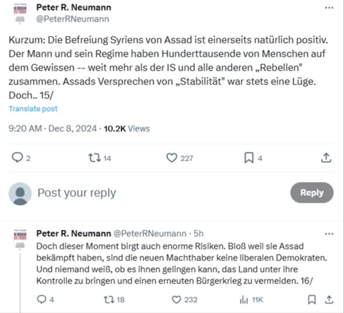 Der anerkannte Terrorismusexperte Peter R. Neumann vom King's College in London hat eine Stellungnahme auf der Plattform X veröffentlicht. Neumann