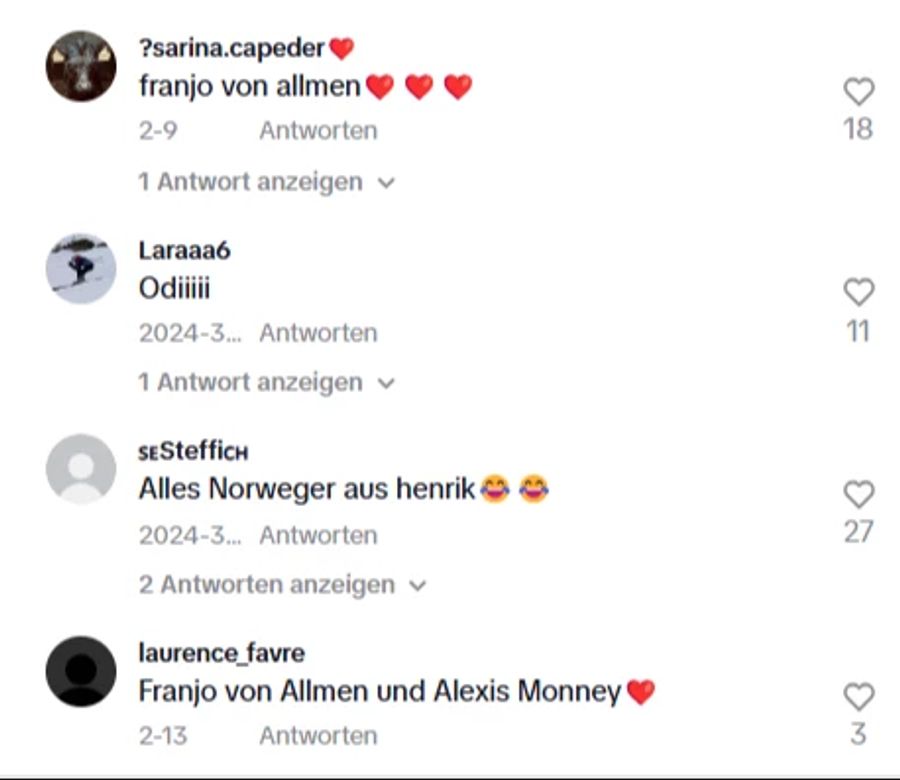 Es hagelt im Netz Herzli für Franjo von Allmen und die anderen Ski-Stars.