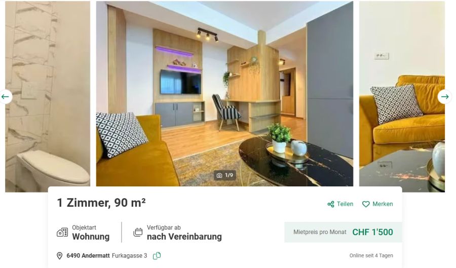 Auf Comparis ist eine 1-Zimmer-Wohnung für 1500 Franken inseriert.