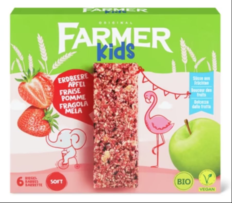 Auf der Verpackung wirbt sie mit kinderfreundlichen Motiven. Und erklärt, der Riegel sei nur mit Fruchtzucker gesüsst.