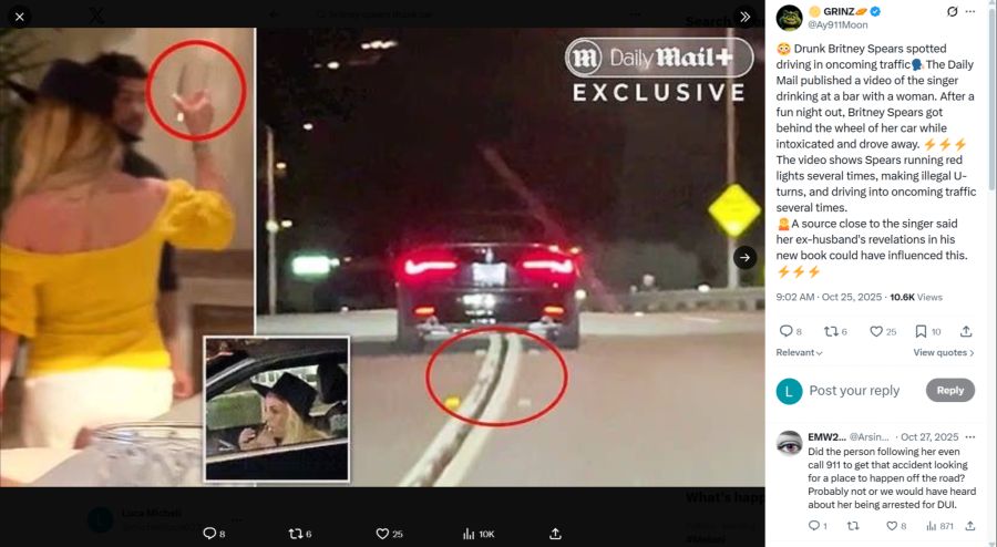 Diese Aufnahme zeigt Britney Spears im Oktober 2025 während ihrer wilden Autofahrt.