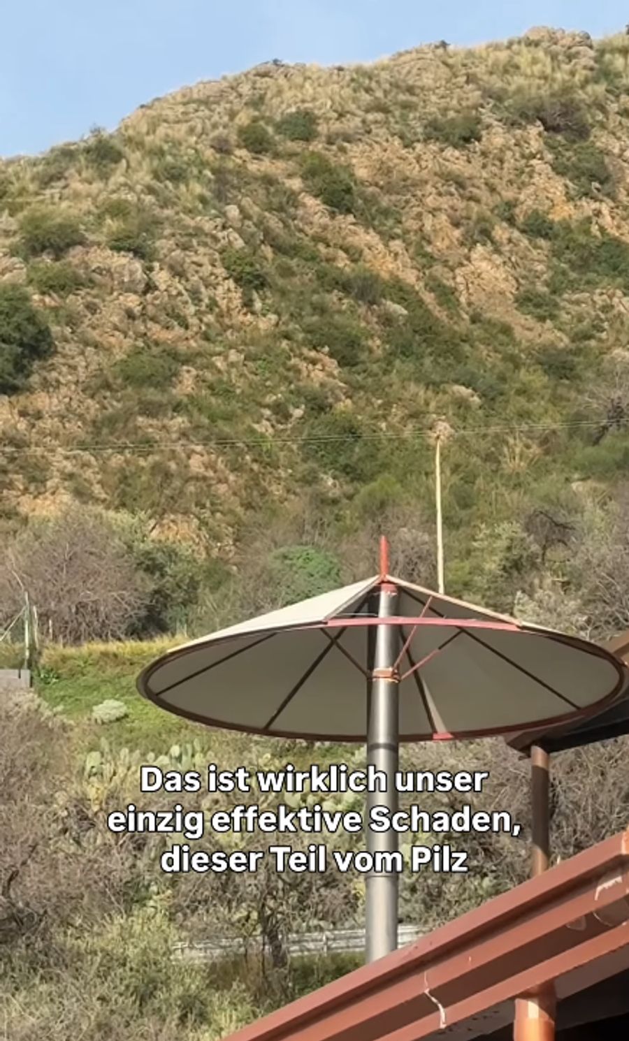 Ein Schirm des Paares ist nach dem Zyklon nicht mehr ganz.