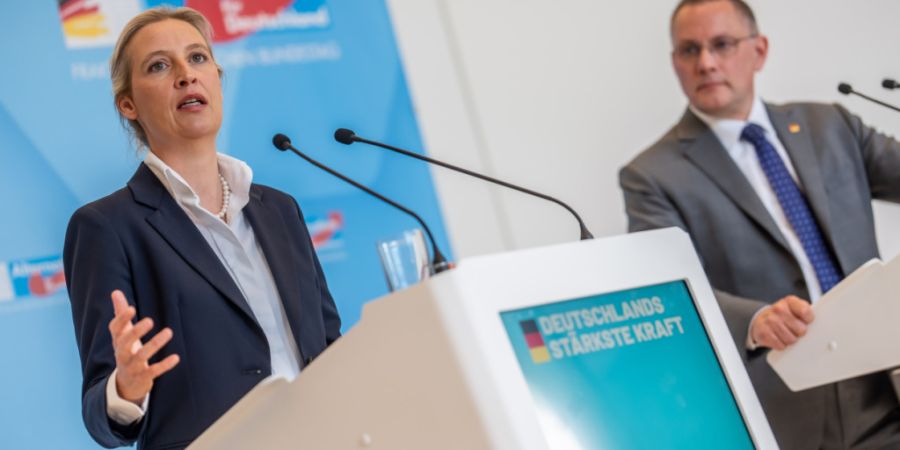 ARCHIV - Alice Weidel und Tino Chrupalla, Bundesvorsitzende und Fraktionsvorsitzende der AfD. Foto: Michael Kappeler/dpa/Archivbild