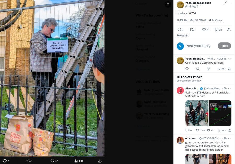 Georgiou wurde im März 2024 dabei fotografiert, wie er in London ein Kunstwerk von Banksy mit Plexiglas schützt.