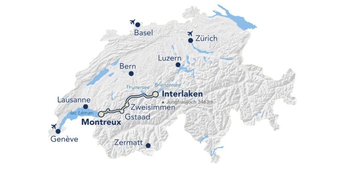 Die Strecke des GoldenPass Express führt von Montreux nach Interlaken. MOB - GoldenPass Strecke