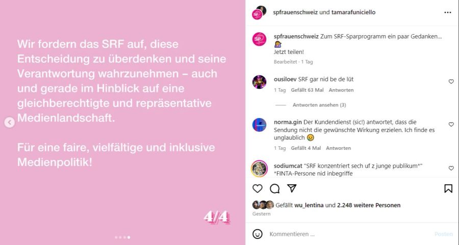 SP Frauen rufen SRF dazu auf, ihre Entscheidung zu überdenken.