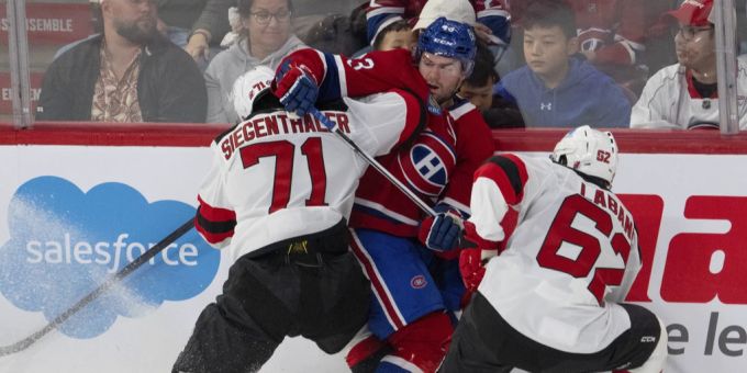 Jonas Siegenthaler (links) startet am Freitagabend mit den New Jersey Devils in die neue NHL-Saison. nhl
