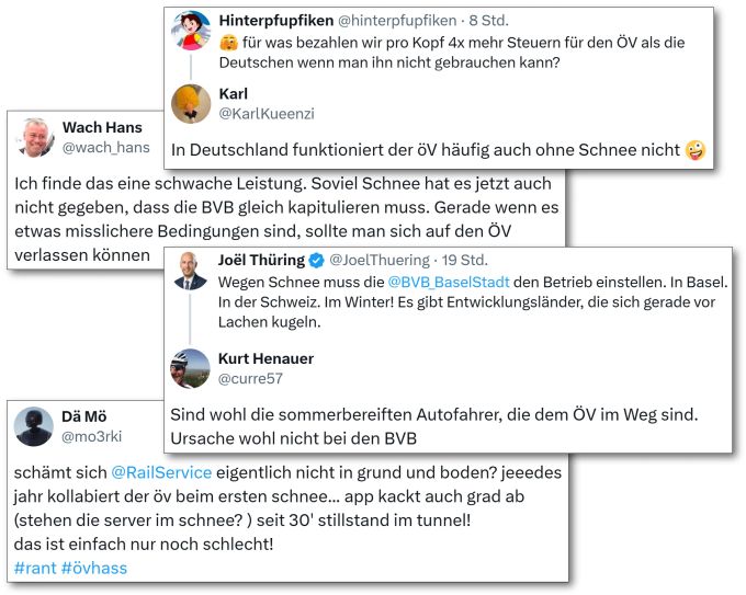 Es schneit und nichts geht mehr: Die Basler Verkehrsbetriebe (BVB) sind schuld, die BVB sind nicht schuld, Deutschland hat uns etwas voraus und alle wollen im Tunnel den Fahrplan studieren. Schnee ÖV öffentlicher Verkehr