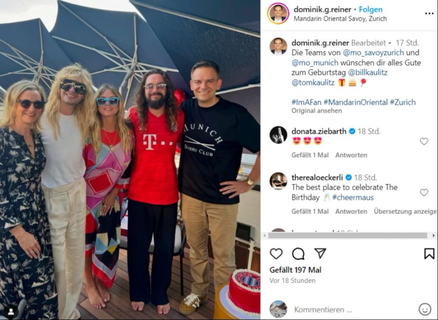 Dominik G. Reiner, der General Manager des Mandarin Oriental, posiert mit Heidi Klum und den Kaulitz-Brüdern.