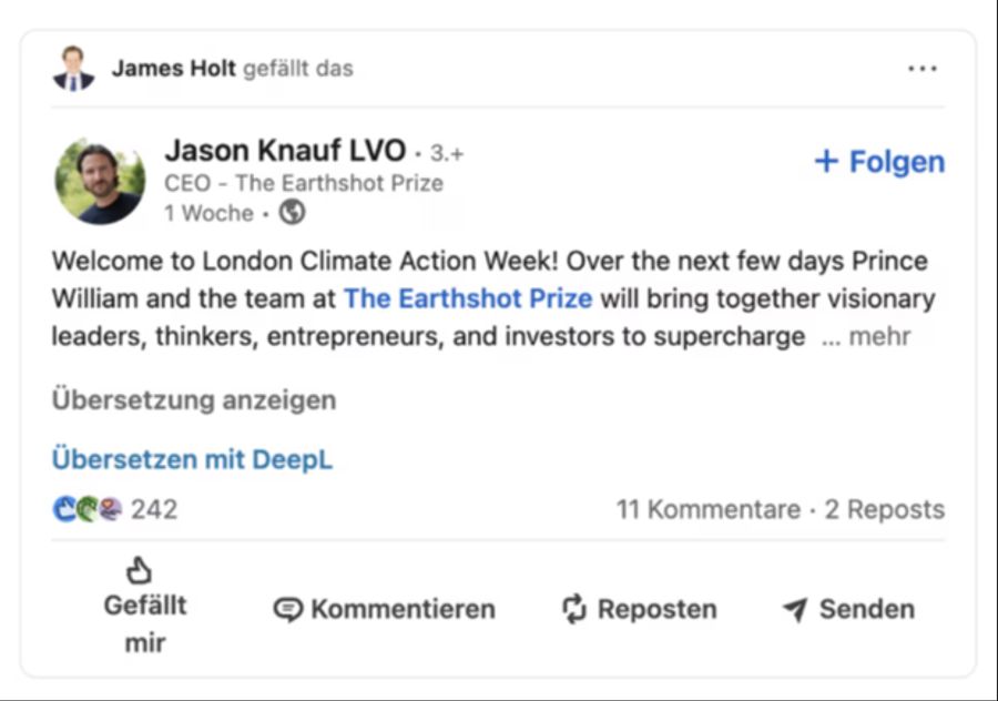 James Holt kommentierte kürzlich einen LinkedIn-Beitrag von Meghans Erzfeind Jason Knauf.