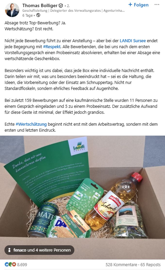 Die Geschenkbox bei der Landi scheint einen Nerv zu treffen. Der Linkedin-Beitrag haben sich schon über eine Million Menschen angesehen. Landi