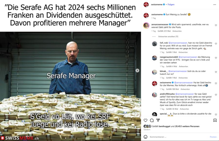 Zeki kritisiert in dem Post die Dividendenauszahlungen der Serafe.