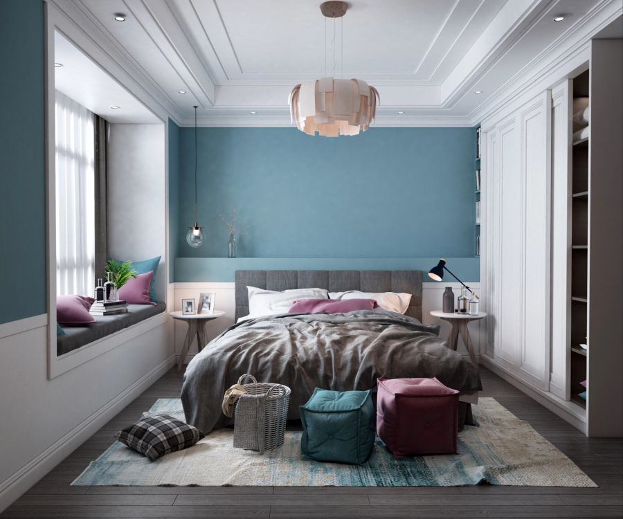 Farblich abgestimmtes Schlafzimmer mit hohen Kleiderschränken – stilvoll und praktisch zugleich.