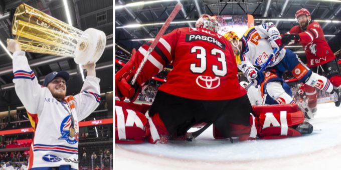 Jesper Frödén schiebt den Puck zwischen den Beinen von Pasche ins Netz. Damit schiesst er die ZSC Lions zum zweiten Mal zum Titel. zsc lions