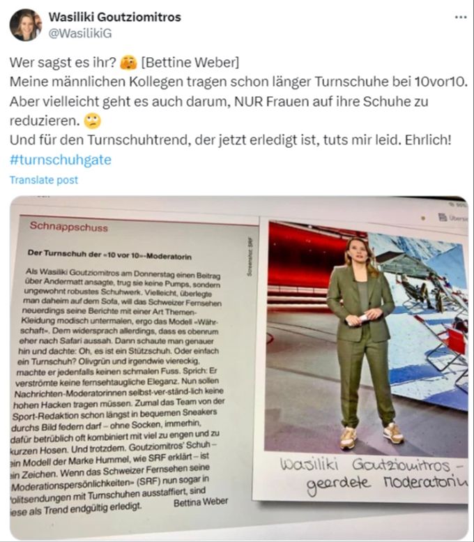 SRF-Frau Wasiliki Goutziomitros wehrt sich auf X gegen die Turnschuh-Kritik in der «SonntagsZeitung». SRF Wasiliki Goutziomitros