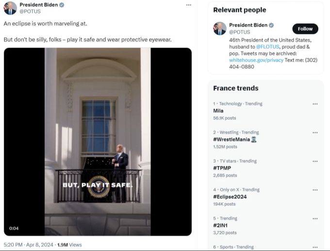 US-Präsident Joe Biden ermunterte auf X (Ex-Twitter) die Amerikaner, die Sonnenfinsternis anzuschauen - aber unbedingt mit Schutzbrille vor den Augen. Sonnenfinsternis