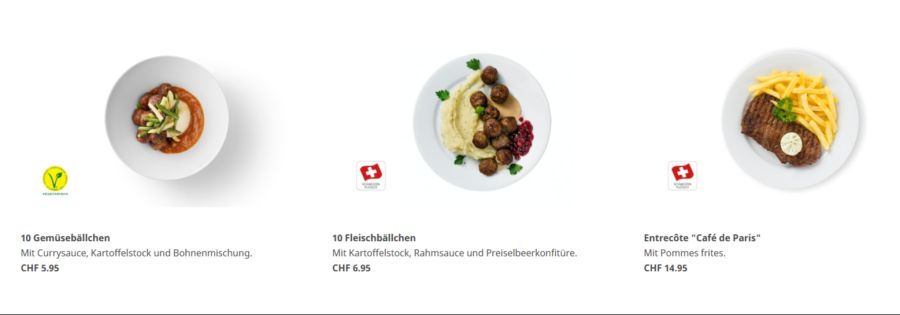 2020 und 2021 kostete eine Standard-Portion Fleischbällchen (zehn Stück) mit Kartoffelstock, Sauce un Preiselbeeren noch 6.95 Franken (Screenshot vom Juni 2021).