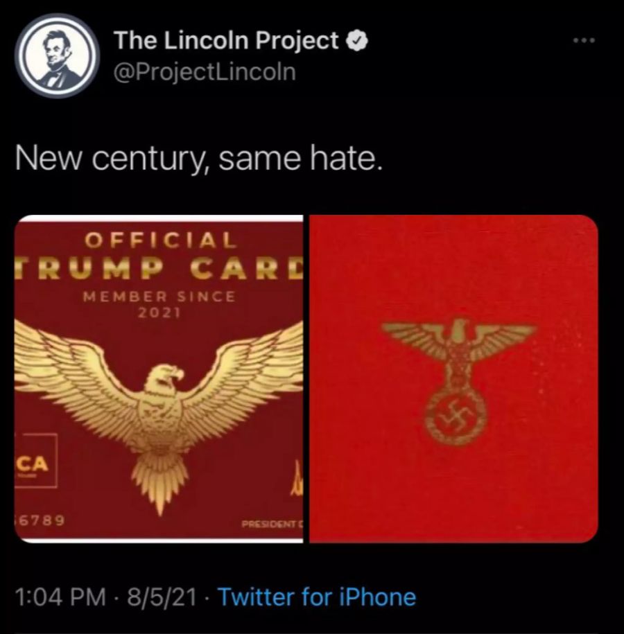 Auch «The Lincoln Project», eine 2019 gegründete politische Gruppe aus aktuellen und ehemaligen Mitgliedern der Republikaner, ist der Reichsadler aufgefallen. «Neues Jahrhundert, selber Hass».