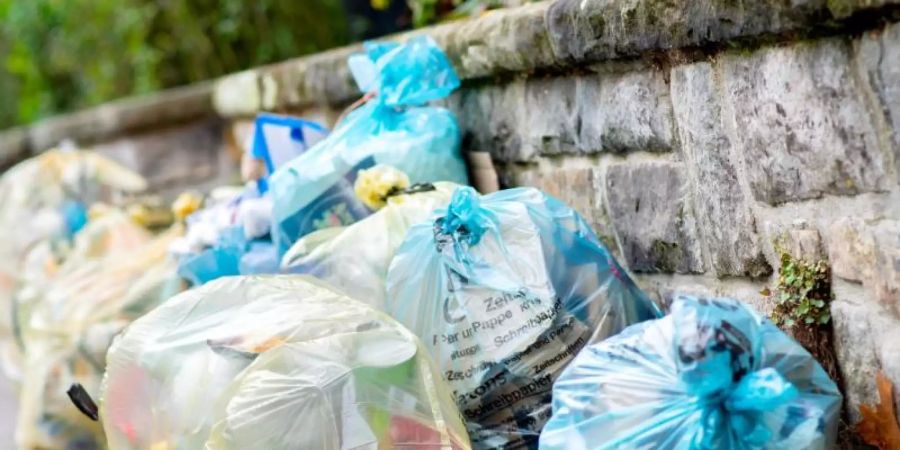 Gelbe Säcke für Verpackungsmüll und blaue Säcke für Papier. Der Verbrauch von Verpackungen in Deutschland nimmt weiter kräftig zu. Foto: Hauke-Christian Dittrich/dpa