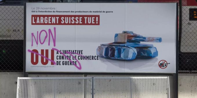 Die Frage der Betroffenheit von KMU stellt sich nicht nur bei der Konzern-Initiative, sondern auch bei der Kriegsgeschäfte-Initiative. Kriegsgeschäfte-Initiative Plakat