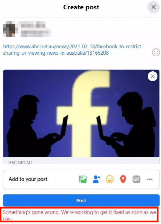 Seit Donnerstagmorgen (Ortszeit) können Menschen in Australien keine journalistischen Inhalte mehr teilen. Wer es trotzdem versucht, erhält nach dem Klick auf Post folgende Meldung: «Etwas ist schief gelaufen. Wir arbeiten daran, diesen Fehler so schnell wie möglich zu beheben.» Facebook Coronavirus Australien