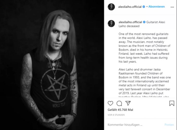 Auch auf dem offiziellen Instagram-Account von Alexi Laiho wurde sein Ableben verkündet. alexi laiho