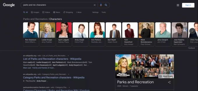Der neue Google Dark Mode ist auch in den Suchergebnissen sichtbar. Google Dark Mode