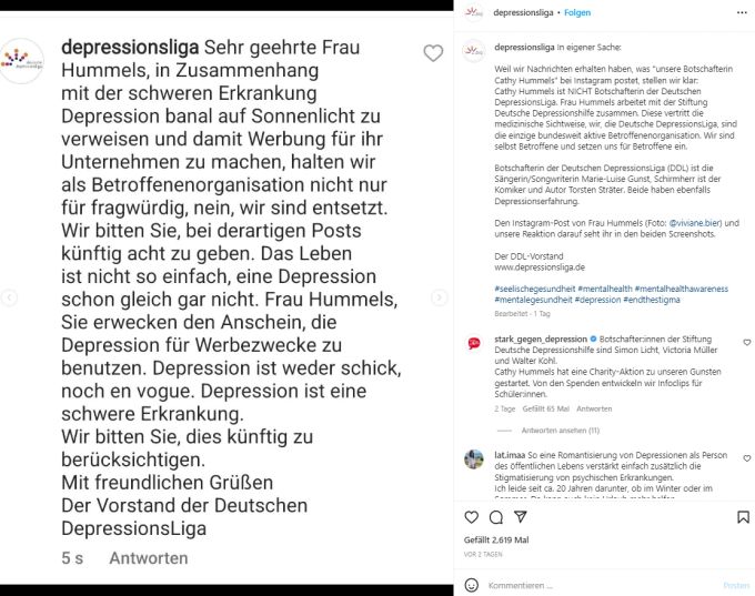Die Depressionsliga kritisiert die Werbung von Cathy Hummels scharf. Cathy Hummels