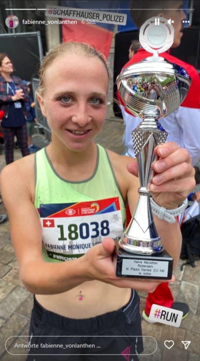 Die Polizistin Fabienne Vonlanthen gewinnt den Halbmarathon der Police and Fire Games. Polizei Schaffhausen