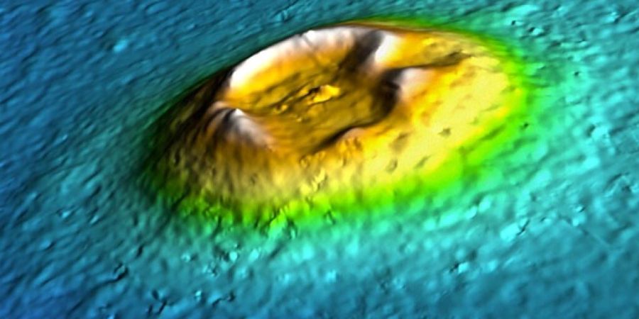 Eine Mars-Struktur, die dem Tonga-Vulkan ähnelt - eingefärbt zwecks Verdeutlichung der Plastizität. Nasa-Wissenschaftler hoffen, dass die Entwicklung des Hunga Tonga-Hunga Haʻapai sie besser verstehen lässt, wie sich die Marsoberfläche bildete (Nasa).