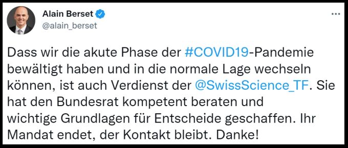 Gesundheitsminister Alain Berset dankt der Taskforce via Twitter für ihre Verdienste bei der Bewältigung der Pandemie. Alain Berset Taskforce Danke
